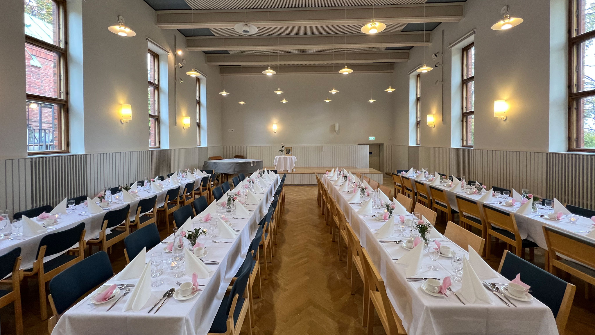 View into the community hall of the German community in Helsinki, Finland.