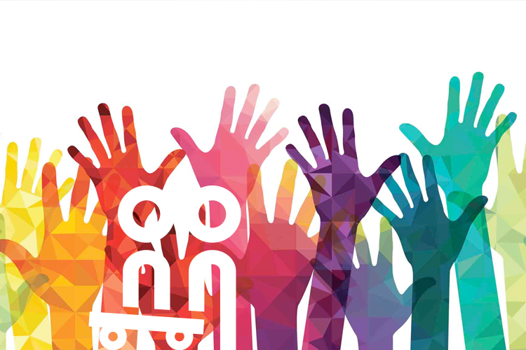 Arms and hands stretching upwards in bright colours.